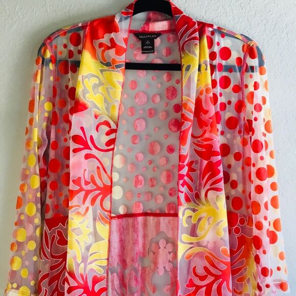 Sheer coverup with bright yellow red and orange circles coral pattern unique Sml - Picture 2 of 7